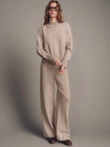 MOTF PREMIUM AUTUMN/WINTER METAL BUTTON CUFF DECOR STAND COLLAR SWEATER AND WIDE LEG KNIT PANTS 2 PIECES SET - Khaki - View 6