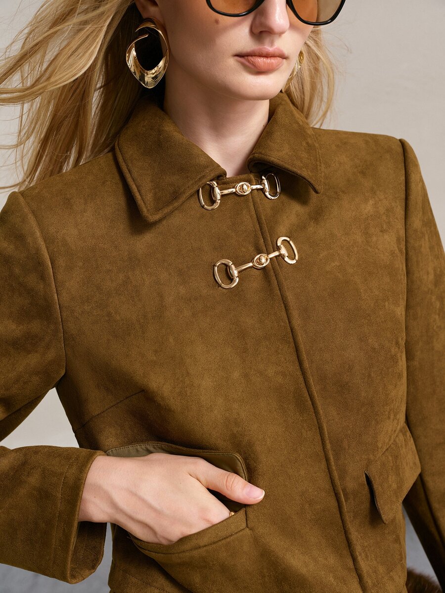 MOTF PREMIUM VINTAGE SUEDETTE METAL BUCKLE DECOR WOMEN'S SHORT JACKET - Olive Green - View 1