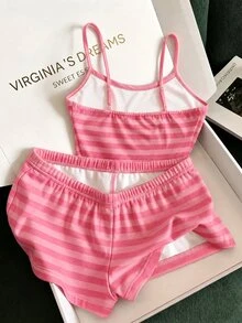 SHEIN Franclia طقم خريف/شتاء كاجوال مخطط قصير الأكمام الطويلة & ملابس علوية داخلي وشورتات - روز أحمر - مشاهدة 2
