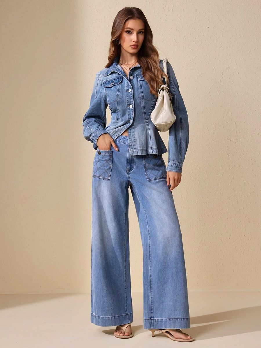Selenza Women's Long Sleeve Single-Breasted Casual Denim Jacket - Blue - View 1