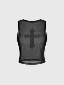 ROMWE Grunge Punk Sexy Punk Rhinestone Cross Bodycon Sheer Tank Top & Ultra Low Waist Mini Skirt 2pcs Set - Black - View 7