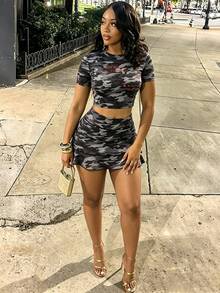 Glyssa Vintage Camouflage Print Cropped Top & Skirt Sexy Set - Multicolor - View 3