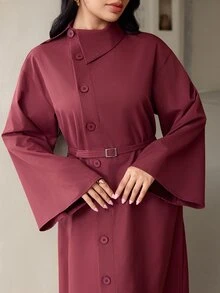 Veilorie Women's Elegant Commute Front Button Flared Sleeve Dress - Brown - View 2
