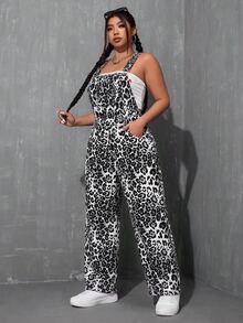 SHEIN ICON 大尺碼女款豹紋印花口袋設計寬腿牛仔吊褲 - 彩色 - 查看 6