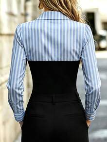 RosyDaze Women's Patchwork Striped Collar Long Sleeve Casual 2 In 1 T-Shirt - Multicolor - View 2