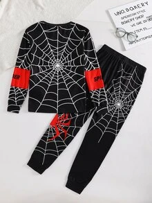 SHEIN 2件組青少年男孩休閒蜘蛛印花修身長款緊身睡衣套裝，適合秋冬返校季 - 彩色 - 查看 5