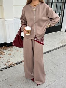 DAZY Autumn/Winter Solid Color Round Neck Textured Cardigan Jacket Paired With Loose Straight Leg Wide Leg Long Pants Casual Commute Daily Women Set - Coffee Brown - View 3