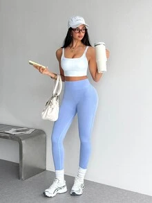 SHEIN Sports 女款無縫高腰收腹緊身褲，適合跑步、健身、瑜伽 - 藍色 - 查看 6