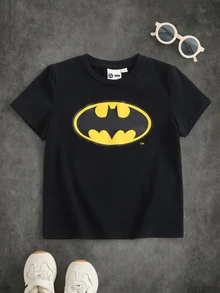 BATMAN X SHEIN Young Boy Round Neck Short Sleeve Casual Versatile T-Shirt - Black - View 1