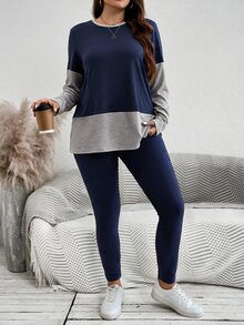SHEIN LUNE Plus Size Women's Colorblock Round Neck Long Sleeve T-Shirt And Leggings Casual 2 Pieces Set - Navy Blue - View 7