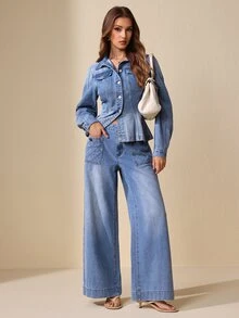 Selenza Women's Long Sleeve Single-Breasted Casual Denim Jacket - Blue - View 8