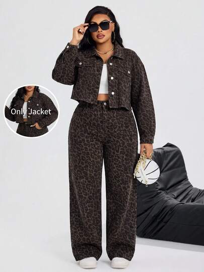Jeanoix Festival Plus Size Y2K Denim Women's Brown Leopard Print Non-Stretch Long Sleeve Jacket