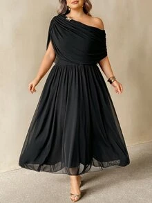 SHEIN CURVE+ New Summer Brown Asymmetrical Shoulder Cowl Neck Metal Buckle Decor Plus Size Cinched Waist Flared Mesh Double Layer Dress/Premium - Black - View 3