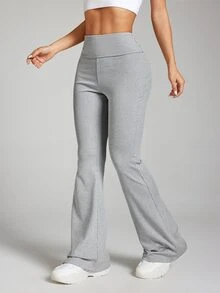 SHEIN Sports Solid Color Wide Waist Flared Leggings - Grey - View 4