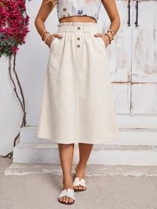 EMERY ROSE Women's Fashion Button Pocket Denim Skirt - Beige - View 3