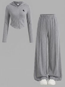 SHEIN Tween女孩 2件式純色粉色連帽上衣與長褲套裝，休閒百搭，適合春秋日常穿著 - 灰色 - 查看 3