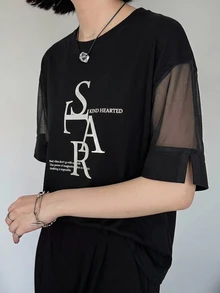 FRIFUL 女款夏季新款圓領短袖拼接透視布料銀箔字母印花寬鬆百搭T恤圖案上衣 - 黑色 - 查看 5