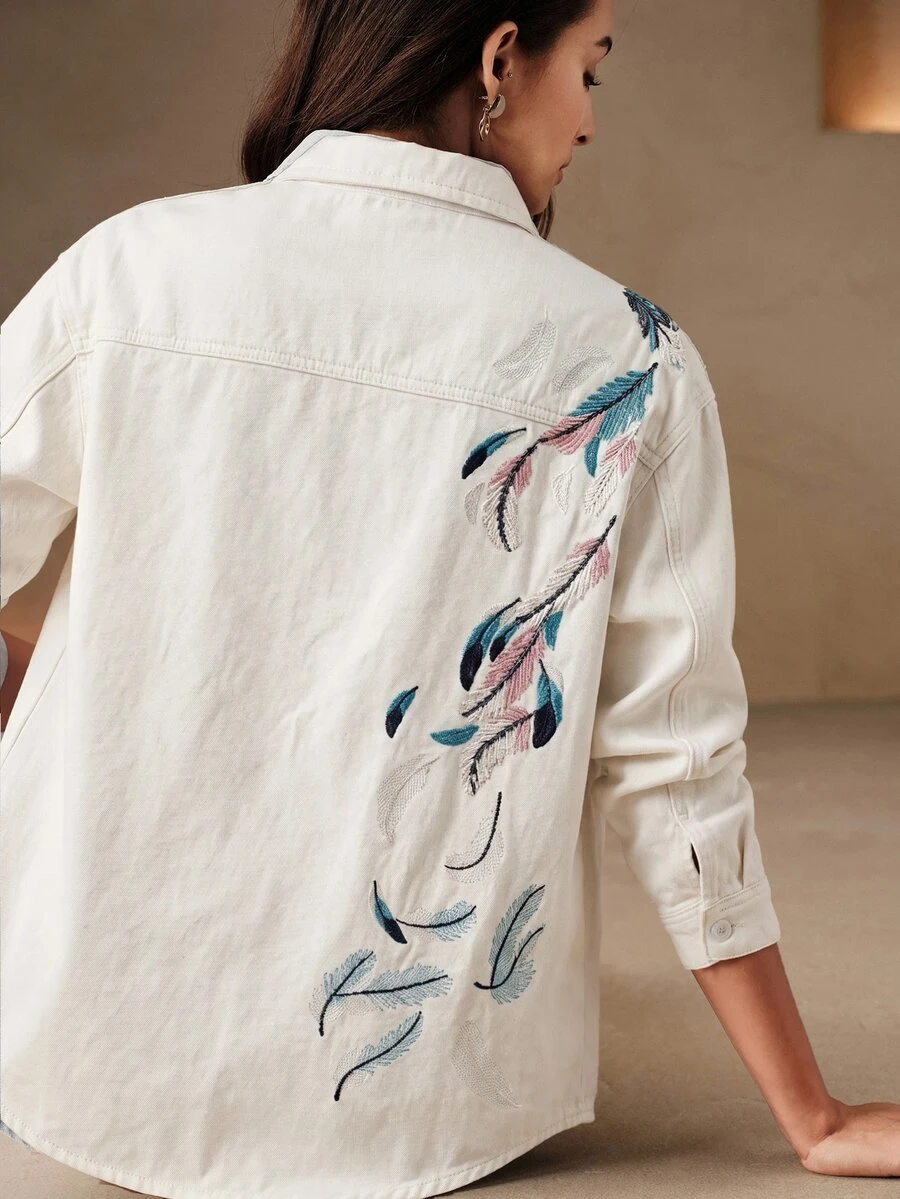 Anewsta Women's New Fashion Heavy Embroidery Luxurious Blue Blouse Jeans - White - View 1