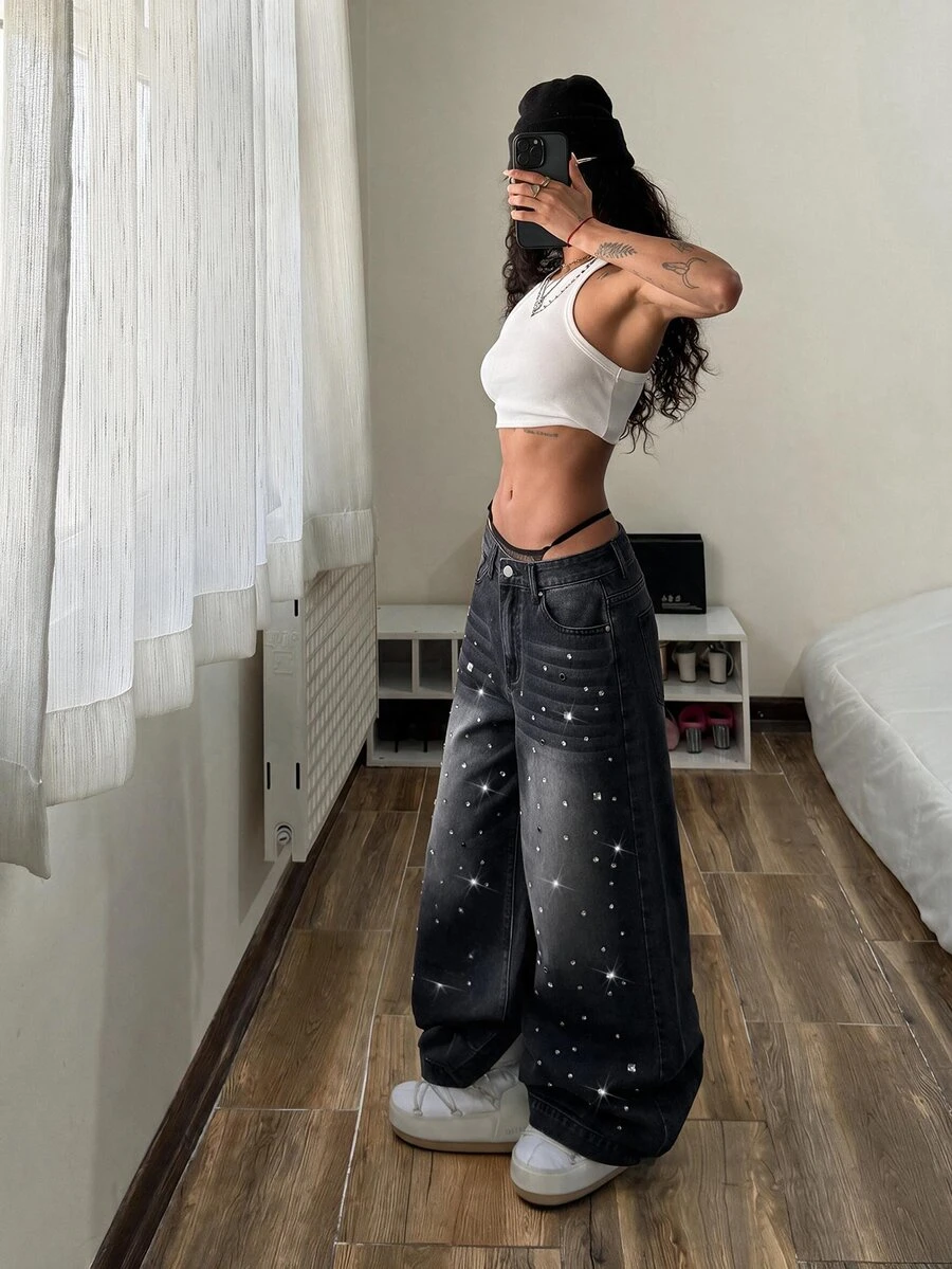 StreetHx Women's Loose Wide Leg Casual Denim Jeans With Pocket And Rhinestone - Black - View 1