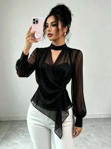 SHEIN Raffinéa 優雅立領雪紡通勤約會前綁帶女式襯衫 - 黑色 - 查看 4