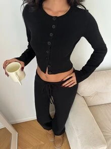 Autumina Women's Sexy Fashion 2 Pieces Set Cute Casual Versatile Cardigan Loose Fit Daily Commute Sweater Pants - Black - View 4