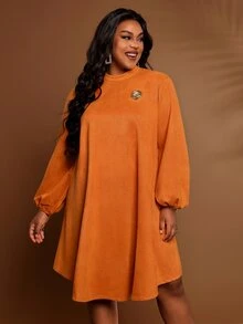 BrightlyHer Plus Size Simple Vacation Long Sleeve Dress For Weekend Outings - Orange - View 8