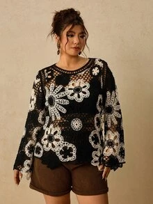 Travachic Plus Size Women's Spring/Autumn Hollow Crochet Long Sleeve Fashion Versatile Design Knit Top Fall - Multicolor - View 9
