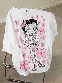 Betty Boop x SHEIN Men's Floral Print Crew Neck Short Sleeve Casual T-Shirt - White - View 1