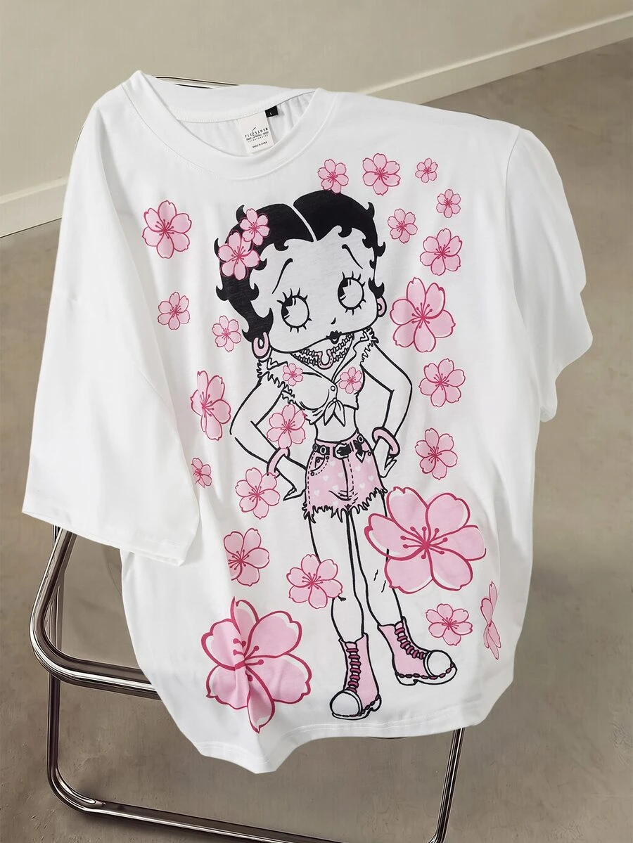 Betty Boop x SHEIN Men's Floral Print Crew Neck Short Sleeve Casual T-Shirt - White - View 1