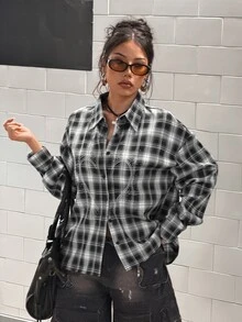 StreetHx Women's Streetwear Loose Black & White Plaid Rhinestone Long Sleeve Shirt - Multicolor - View 6