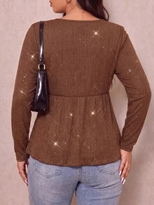 SHEIN LUNE Plus Size Women Shimmer Ribbed Peplum Long-Sleeve Top - Brown - View 2