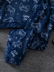 Boys Thick Flannel Hooded Home 2 Pieces Set, All-Over Print Game Controller Pattern Cuffed Long Pants Fuzzy Pajama Set - Navy Blue - View 6