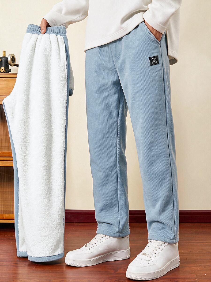 SHEIN 兒童青少年男孩休閒百搭淺藍色加厚保暖內裡燈芯絨長褲,經濟實惠,適合通勤、上學、日常休閒、度假、旅行、運動,四季皆宜 - 淺藍色 - 查看 1