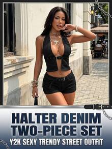 StreetHx Women's Sexy Metal Buckle Halter Tie Top And Denim Shorts Set - Black - View 8