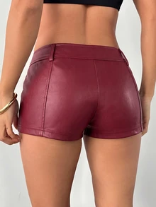 SHEIN PETITE 女款純色前拉鍊休閒短褲，極短褲 - 中紫紅色 - 查看 2