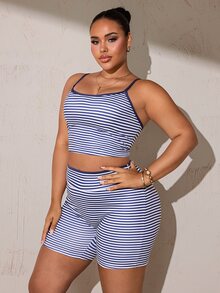 Rhythm Era Plus Size 2pcs Sports Set, Camisole Tank Top And Butt-Lifting Blue & White Colorblock Shorts - Blue - View 4