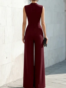 RosyDaze Women's Colorblock Stand Collar Pocket Sleeveless Wide Leg Jumpsuit - Burgundy - View 2