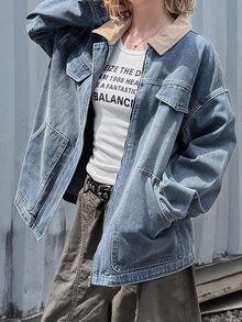FRIFUL Women's Colorblock Casual Daily Denim Jacket - Blue - View 1