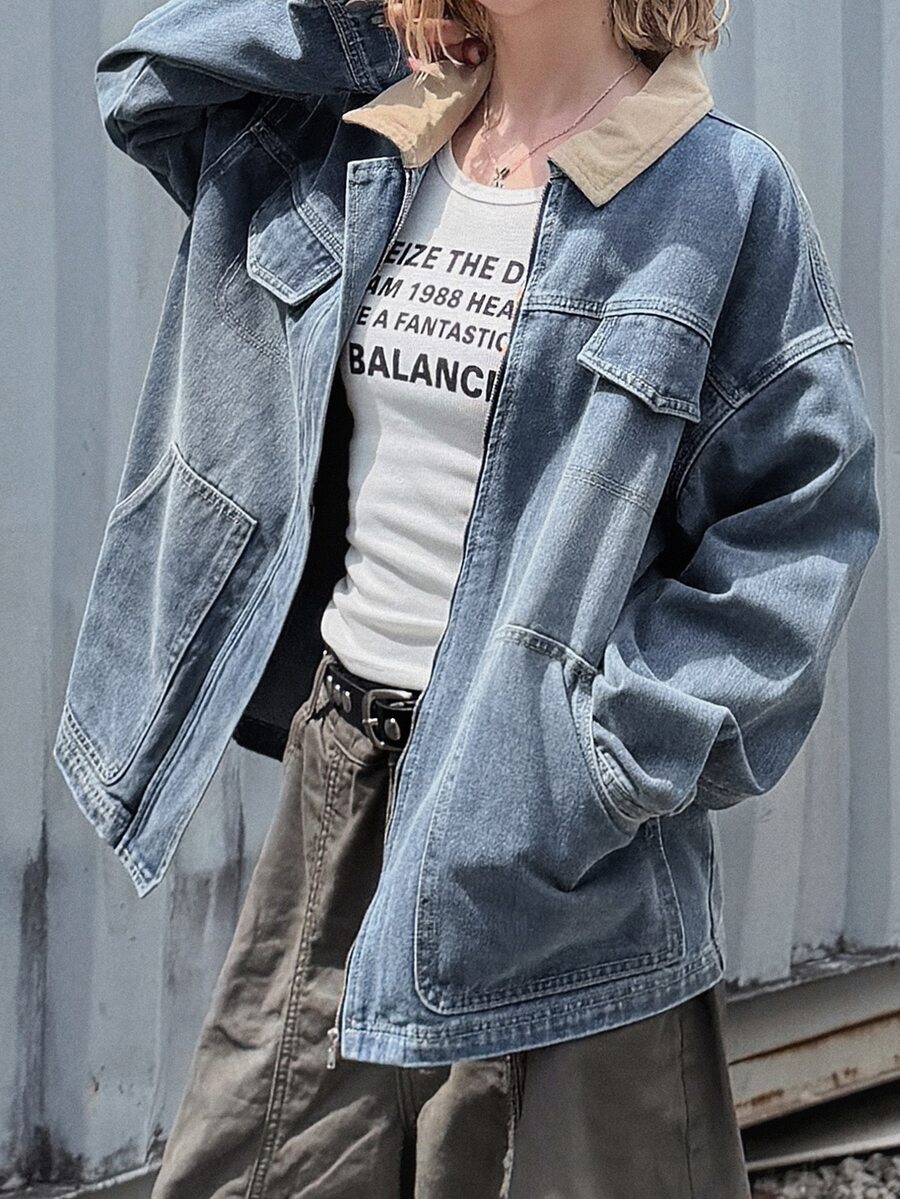 FRIFUL Women's Colorblock Casual Daily Denim Jacket - Blue - View 1