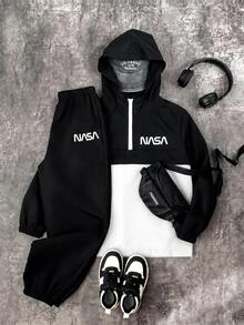 SHEIN 青少年男孩半拉鍊連帽外套與慢跑長褲2件套，休閒運動風，適合秋冬、通勤、上學、日常穿著、度假、旅行、運動，四季皆宜，抓絨加厚 - 黑與白 - 查看 2