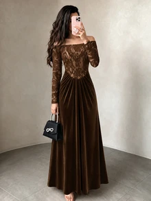 Modelyn New Women's Off-Shoulder Knit Silk Contrast Lace Elegant Sexy Ruched Mermaid Hem Long Dress - Brown - View 5