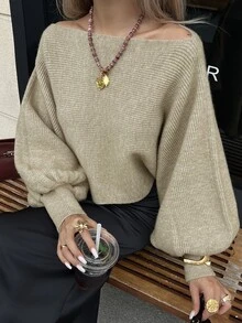 DAZY Sweater Wanita Longgar Kasual Model Bahu Terbuka Lengan Lentera Pendek Warna Khaki, Musim Gugur - Aprikot - View 1