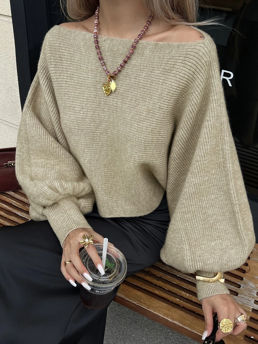 DAZY Sweater Wanita Longgar Kasual Model Bahu Terbuka Lengan Lentera Pendek Warna Khaki, Musim Gugur - Aprikot - View 1
