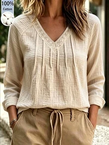 Holdful Holdful Autumn/Winter New V-Neck Lace Patchwork Versatile Comfortable Women's Long Sleeve Blouse - Apricot - View 3