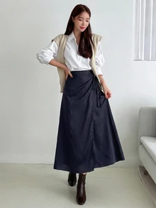 DAZY 女款純色側腰結休閒通勤裙 - 藍色 - 查看 4