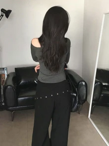 DAZY 女款鏤空設計側腰綁帶寬腿休閒牛仔褲 - 黑色 - 查看 9