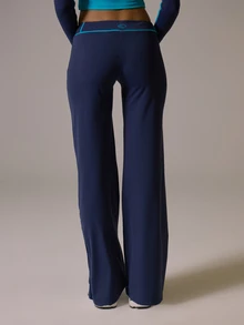 Musera Sport Contrast Piped Edge Low Rise Straight Leg Yoga Style Coord Pant Fall Autumn Winter Gym Active Pilates Motion - Navy Blue - View 4
