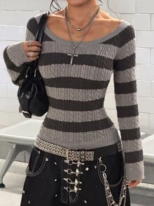 SHEIN HypeZone Minimalist Grunge Street Style Women's Autumn/Winter Grey Plaid V-Neck Long Sleeve Striped Cable Knit Slim Fit Sweater Top Night Out - Grey - View 6