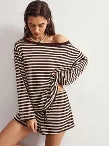 Bohemela Women's Striped Top & Shorts 2 Pieces Set - Brown - View 1