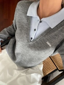 DAZY Women's Colorblock 2 In 1 Letter Embroidered Loose Long Sleeve Polo Collar Casual Vacation Autumn/Winter Sweater - Grey - View 7